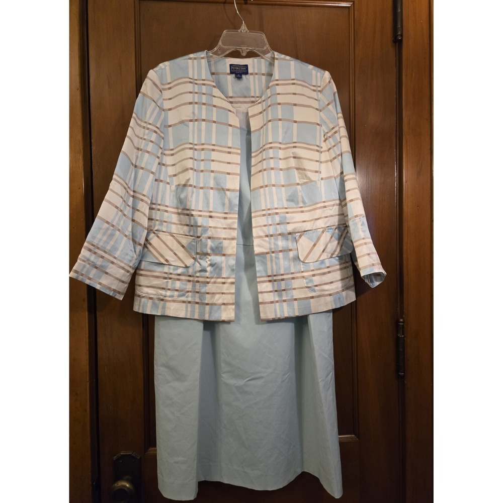Pendleton 2 Piece Silk Blend Suit Dress Blue White Tan Plaid Womens Sz 18 Lined